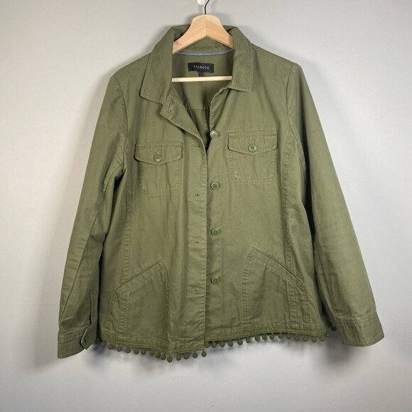 Talbots Jacket Pom Pom Army Green Flap Pockets Gorpcore Lightweight Women’s L - Picture 1 of 13